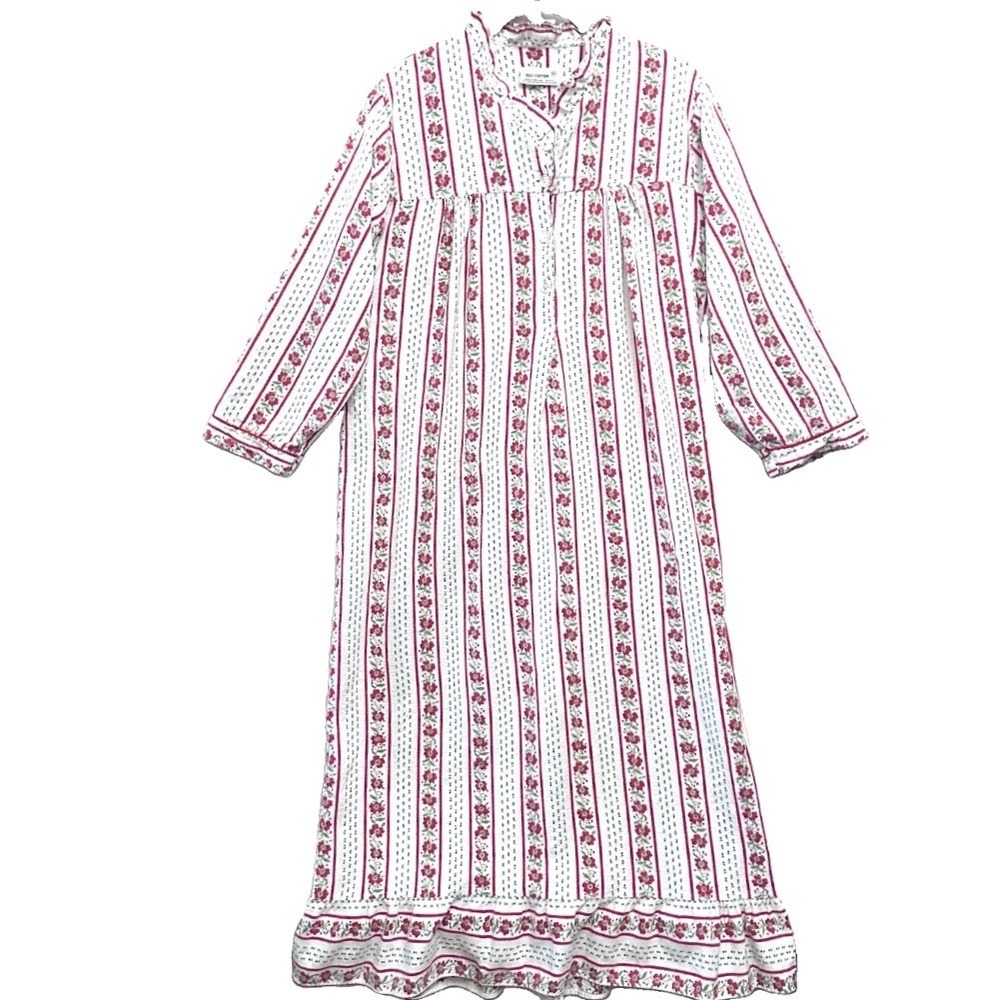 Vintage 100% Cotton Flannel Floral Stripe Ruffle Nightgown Floor Length Cottage